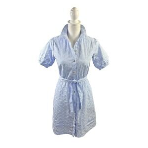 James Draper RSVP XS Blue & White Seersucker Puff Sleeve Mini Shirtdress